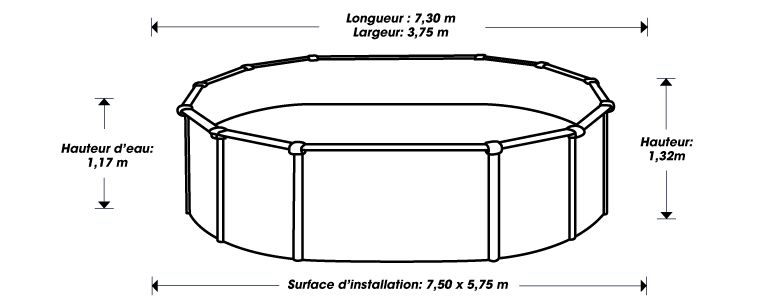 Dimensions de la piscine acier 7,30x3,75 h 1,32 graphite sjf